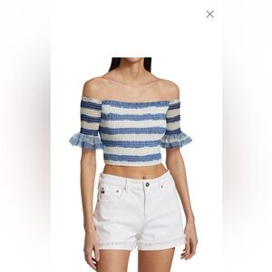STAUD Blue and White Smocked Crop Blouse. NWT!